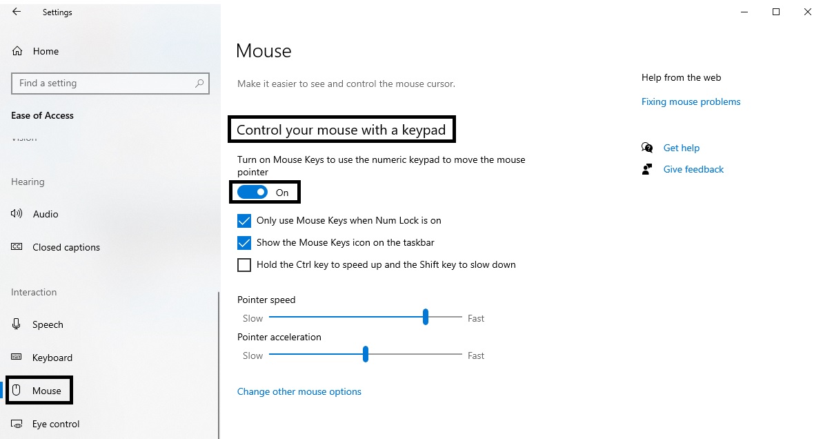 Chuyển trạng thái On ở mục Control your mouse with a keypad